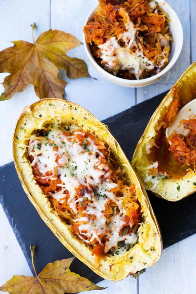 Baked spaghetti squash with Tomato sauce and cheese 