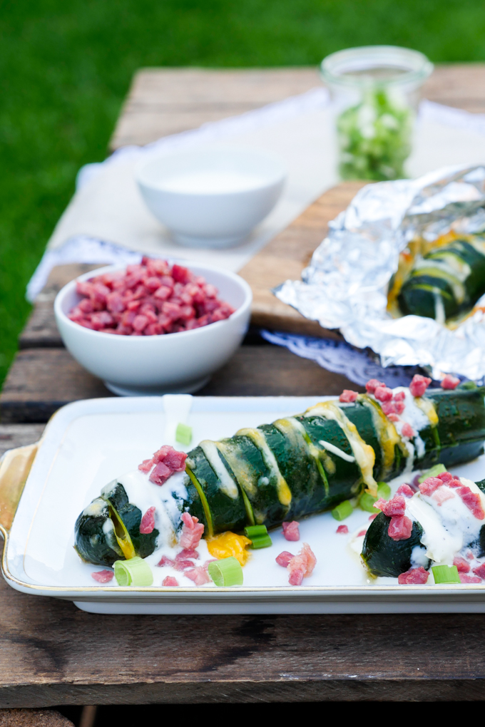 Low Carb Hasselback Zucchini with Bacon and Sour Cream